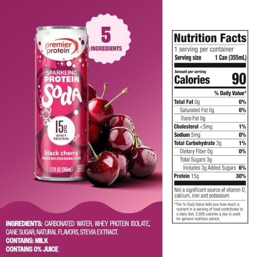 Image of Premier Protein Sparkling Protein Soda, Black Cherry, 15g Whey, 4 Pack