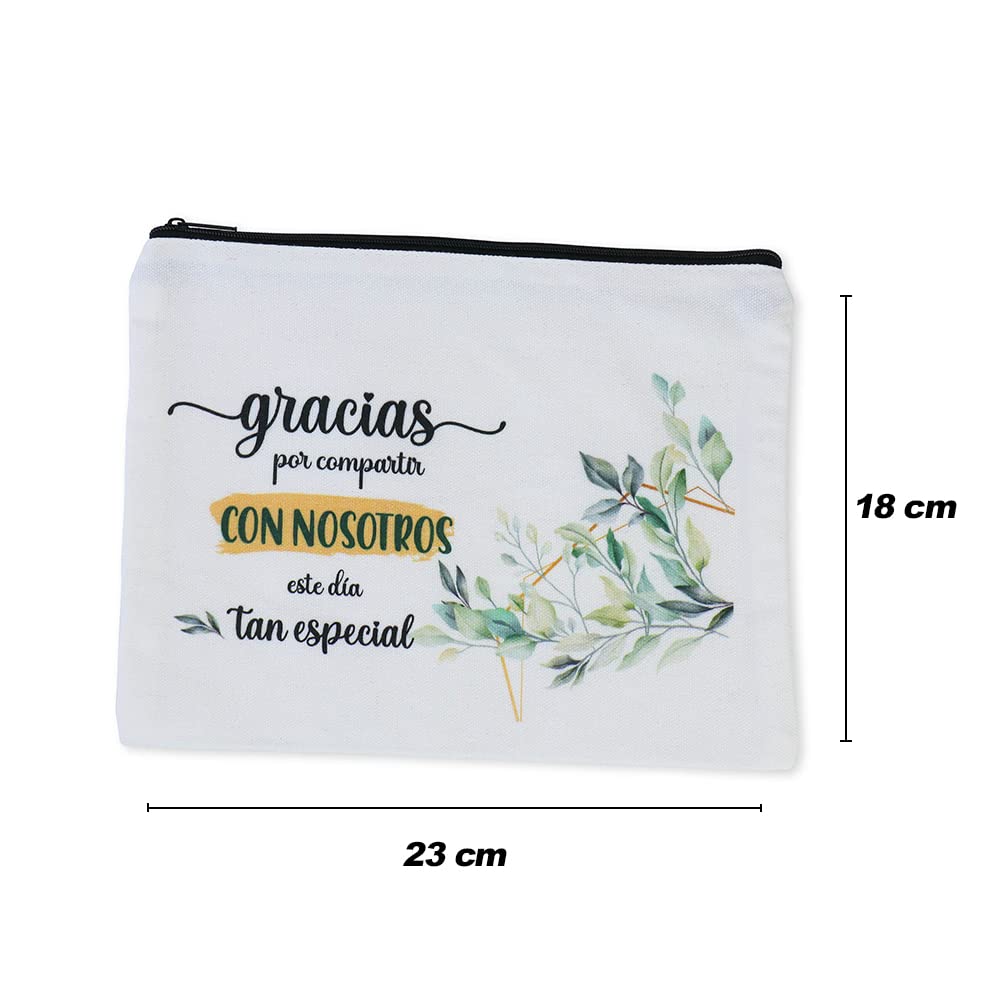 Pack de 12 a 36 uds | Neceser Frase Agradecimiento Invitados | Estilo Natural con Cremallera | 23 x 18 cm | Regalo Boda | 2 Diseños, No Personalizable | Regalantes (24, Flor)