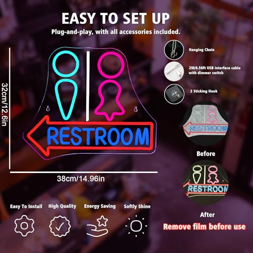 Image of Restroom with Arrow Neon Signs for Wall Decor Dimmable LED Gender Bathroom Sign,USB Powered Light for Bar Restaurant Business Bathroom Cafe Shop Home