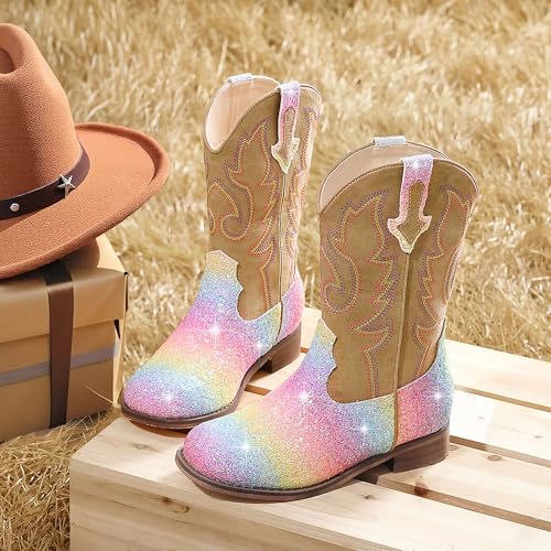 Image of Motasha Girls Cowgirl Boots Unisex-Child Mid Calf Glitter Toddler Cowboy Boot Little Big Kids Western Riding Shoes