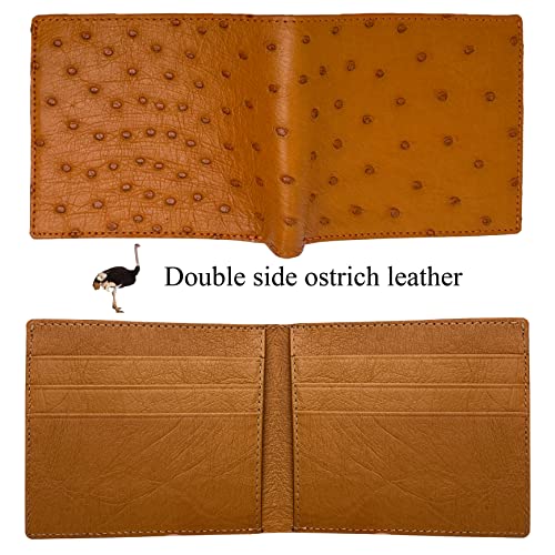 Image of Tan Ostrich Double Side Leather Bifold Wallet, RFID Blocking Mens Wallet