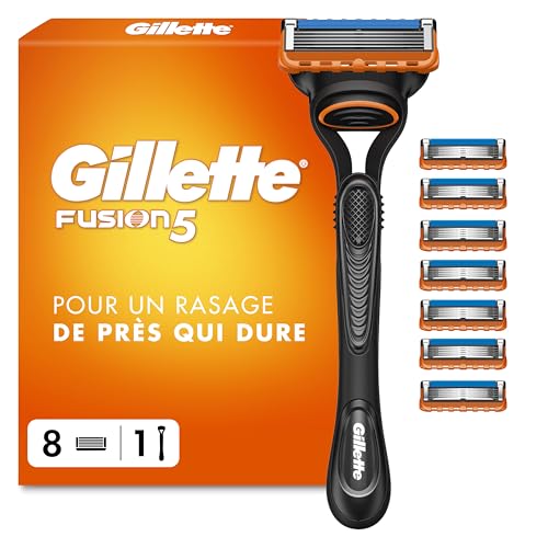 Gillette Rasoir Homme Fusion 5, avec 8 Cartouches, Noir – Manche Réutilisable, Tête de Rechange à 5 Lames en Acier Inoxydable pour un Rasage Confortable,...