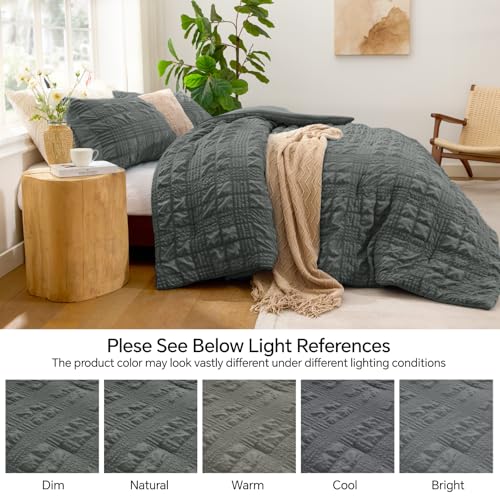 Image of BEDELITE Twin Comforter Set, Seersucker Bedding Set 2 Pieces, Dark Grey | All Season Use, Machine Washable, Soft and Lightweight, Ruched Comforter for Bedroom and Dorm Room, Wrinkle-Resistant