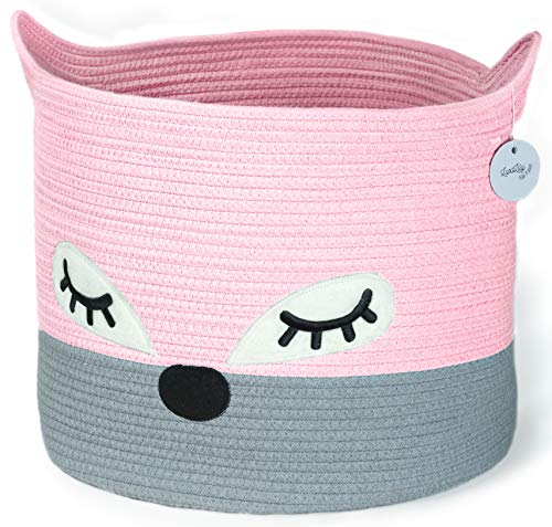 Image of Cute Cotton Rope Storage Baskets - Pink Fox Woven Baby Laundry Basket for Nursery, Stuffed Animal Toy Storage Bin for Kids Rooms, Large Decorative Baby Hamper Basket for Organizing Baby Shower