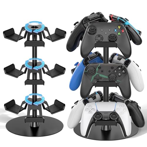 Soporte Mando y Cascos, 3 Niveles Soporte Auriculares para Mesa, 9 de Gran Capacidad para Organizador Mandos, Controller Holder Giratorio para Accesorios Gaming, Fácil de Guardar y Ensamblar, 3 Nivel