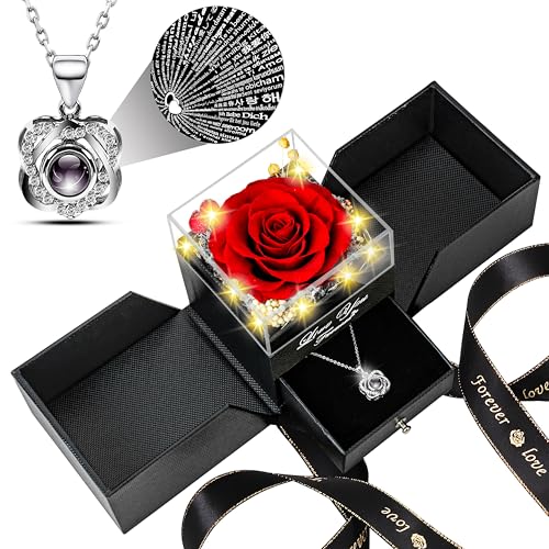 Lebana Preserved Red Real Rose with Heart I Love You Necklace -Mothers Day Gifts for Mom Her Wife Girlfriend Grandma on Valentines Mothers Day Christmas Birthday Anniversary Romantic-Red