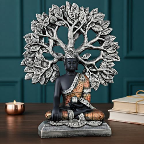 Image of Global Grabbers Buddha Statue Showpiece Idol Home Decor Decoration Items for Living Room and Gifts (Silver Black Copper)