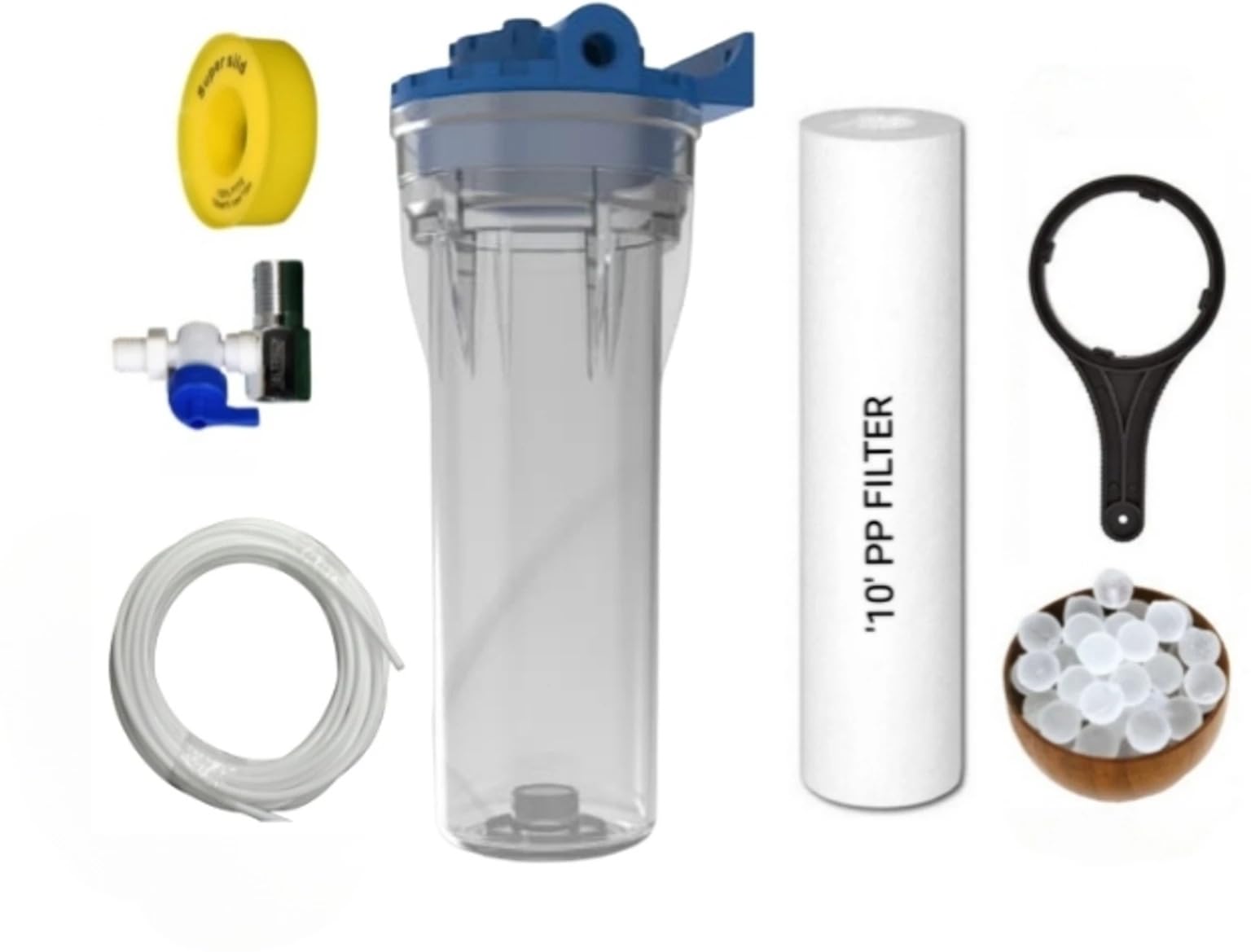 10 Inch RO Water Purifier Pre Filter Kit with Semi Transparent Housing, PP Sediment Filter Cartridge, Ball Valve, Teflon Tape, Wrench, Pipe & End Caps | Compatible with All Domestic RO Water Purifiers-image-23