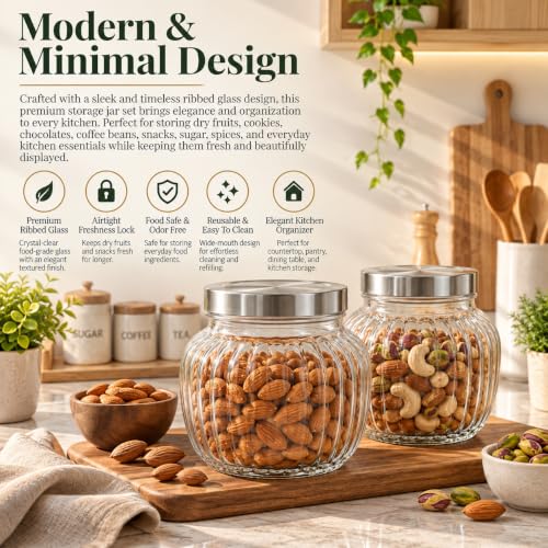 Image of bellemax 650ML Ribbed Glass Storage Jar with Airtight Metal Lid | Clear Kitchen Storage Container for Dry Fruits, Snacks, Cookies, Candy, Spices & Pantry Organizer Set of 2