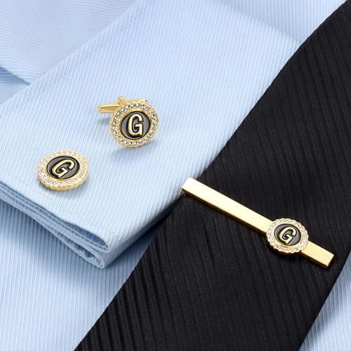 HAWSON 18K Gold Tie Clip and Cufflinks for Men, 2.2in Necktie Bar & Mens Cuff Links with Personalized Engraved A-Z Letter and Clear Crystal4