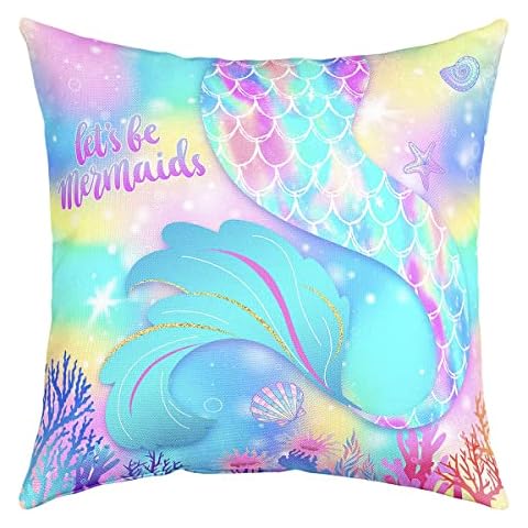 Mermaid Pillow Cover 18X18 Inch Rainbow Starfish Scale Coastal Sea Creature Decorative Square Cushion Cover Dreamy Pink Ombre Underwater World Cushion Case for Party Housewarming Office RV Cover