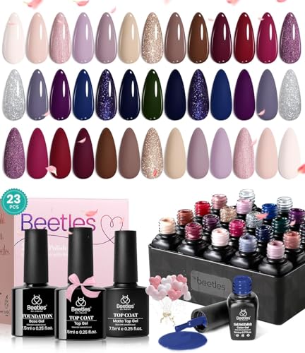 Image of Beetles Fall Gel Polish Set - 20 Colors Neutral Shimmer Red Nude Brown Gel Nail Polish Kit with Base Coat Matte Glossy Top Coat Soak off Uv Lamp Manicure Set Gift for Women Sophisticated Charm