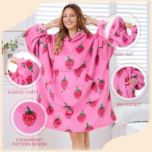 MIZZEO Microfiber Wearable Blanket, Oversized Light Wearable Blanket Hoodie for Adults, Cozy Soft Warm Plush Hooded Blanket Gifts for Women, One Size Fits All (Strawberry)