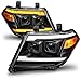 AmeriLite for 2009-2020 Nissan Frontier Pickup Truck LED DRL Tube Switchback Sequential Signal Black Projector Headlights Set - Passenger and Driver Side