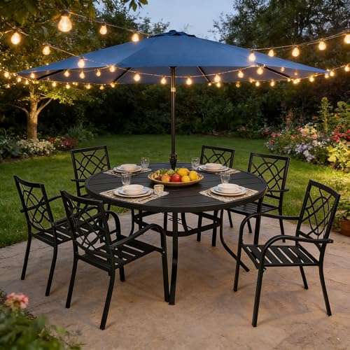 Image of SUNCROWN 8-Piece Outdoor Wrought Iron Chairs and Table Patio Dining Furniture Set-6 Stackable Metal Chairs, 1 53 inch Round Bistro Table and 1 Dark Blue 9Ft Patio Umbrella for Garden Backyard Deck