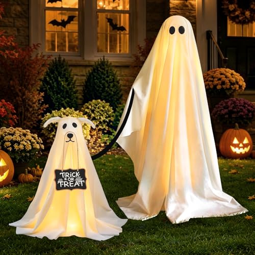 Halloween Decorations Outdoor - Spooky Ghost Dog Halloween Decor Indoor for Party Decorations and Yard Ghost Decor with Remote Control String Lights - 2 Pack