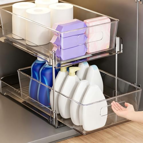Organizador para debajo del fregadero Duokon de 2 niveles, 30x19x25.5 cm (Transparente) | Plástico, Ahorro de espacio, organizador transparente extraíble, apilable para baño y cocina miniatura 3