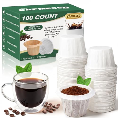 Image of CAPMESSO Disposable Coffee Paper Filters, 100 Count Keurg Cup Coffee Filters Compatible with Keurg Brewers Reusable Single Serve 1.0 and 2.0 Coffee Maker (100 Count, White)