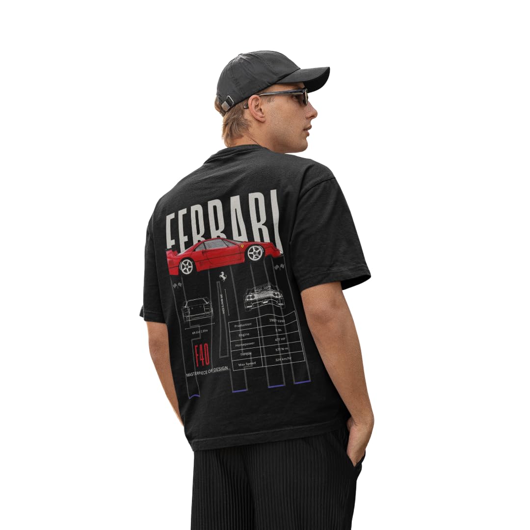 Broke MemersOversized FerrariF40 Super Car Collection Cotton Graphic Print Shoulder T-Shirt for Men and Women