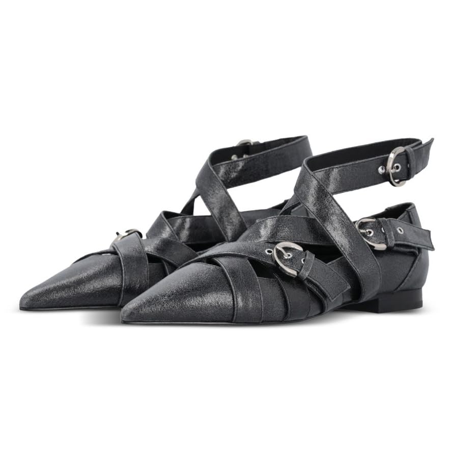Women's Punk Ballet Flats Pointed Toe Ankle Strap Ballerina Shoes Buckle Crossed Strappy Comfortable Flat Shoes for Party Office Prom