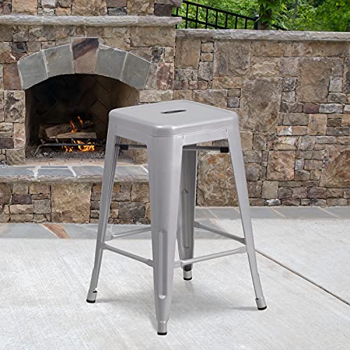 Taburete comercial Flash Furniture Lily, 4 unidades, altura de barra (24 pulgadas), sin respaldo, metal plateado, para interior y exterior, asiento cuadrado miniatura 2