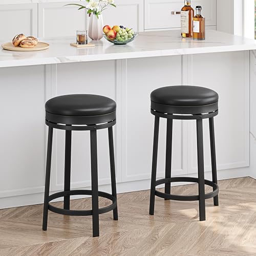 Butacos giratorios GarveeHome, juego de 2 unidades, altura para barra (24,4 pulgadas), con cojín tapizado en cuero sintético PU, sin respaldo, redondos, con estructura metálica para cocina o bar en casa, color negro