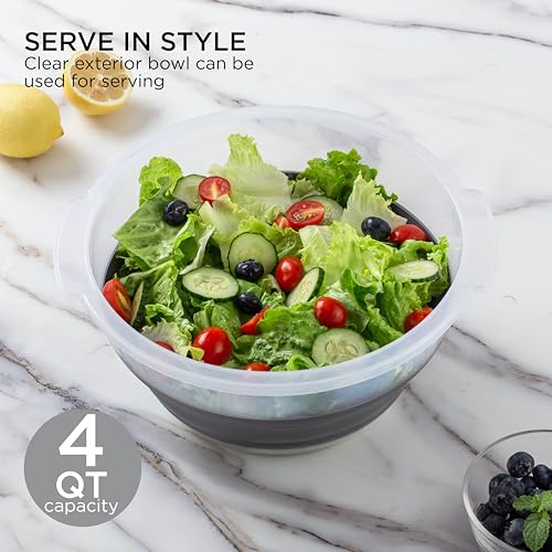 COOK WITH COLOR Collapsible Salad Spinner - 4 QT Space Saving Lettuce Dryer with Folding Collapsible Colander Great for Washing and Drying Fruit and Vegetables (Grey)