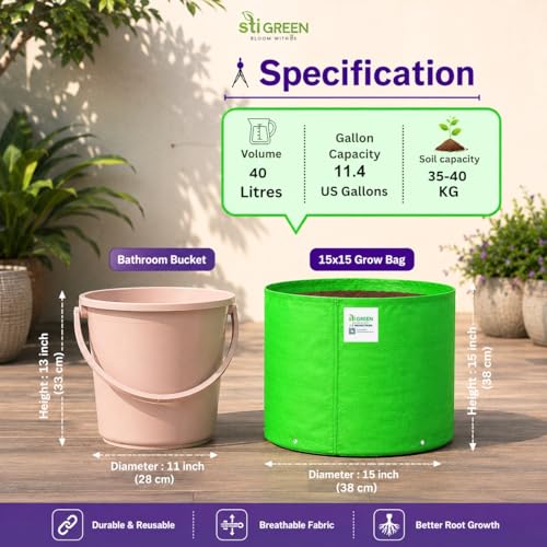 Image of HDPE Grow Bags for Plants 15X15 Inch (Pack of 4) | 260 GSM Heavy Duty UV-Protected Round Green Colour Plant Bags for Terrace and Vegetable Gardening | Strong & Reusable|