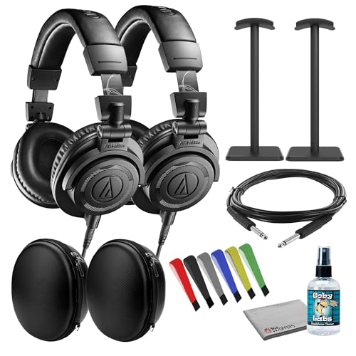 Audio-Technica ATH-M50x ENSO Closed-Back Monitor Headphones, Over-Ear Sound Isolation Value Bundle with Headphone Stand + Case + Cleaner + 1/4 inch TRS + Microfiber Cleaning Cloth (2 Pack)