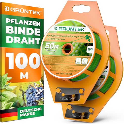 GRÜNTEK Flexibler Gartendraht 100m mit integriertem Cutter Pflanzenschonender Bindedraht ummantelt Pflanzen Draht Wetterfest für Tomaten Rosen Kletterpflanzen Farbe Grün