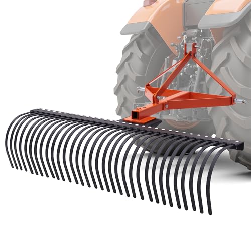 SPECRAFT 3 Point Tow Behind Rake, 60' Adjustable Angle with 32 Steel Tines, Lawn Dethatcher Landscape Rake with Attachments for Field, Yard Clean up