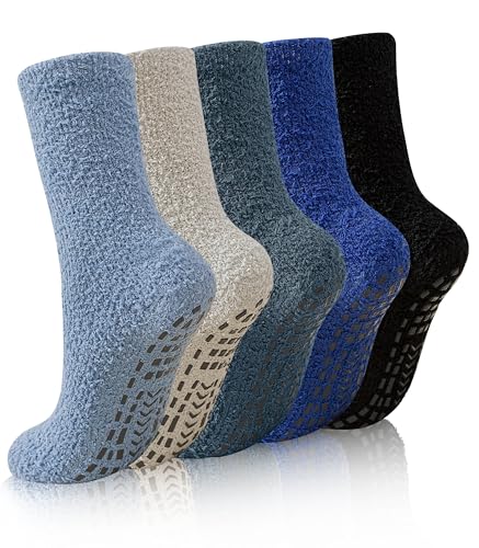YEEKAORA Mens Fluffy Socks With Grips Slipper Socks Non Slip Winter Warm Extra Thick Plush Cabin Home Sleeping Hospital Socks (Solid)