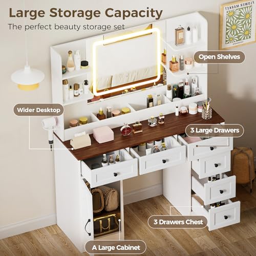COMHOMA Makeup Vanity Desk with Mirror and Lights, Large Vanity Table with 6 Drawers & 1 Storage Cabinet, White Bedroom Dresser Table for Girls, 3 Color Modes Adjustable Mirror, Antique Brown