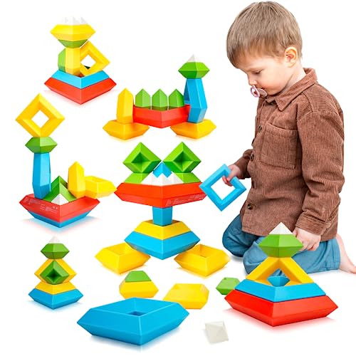 Image of BELLOCHIDDO Montessori Toys for 2 3 4 5 Year Old Boy Girl - Blocks for Toddlers 1-3,15 Pcs Stacking Building Blocks for Toddlers 1-3, Toddler Toys Age 1-2 STEM Preschool Learning Educational Toy