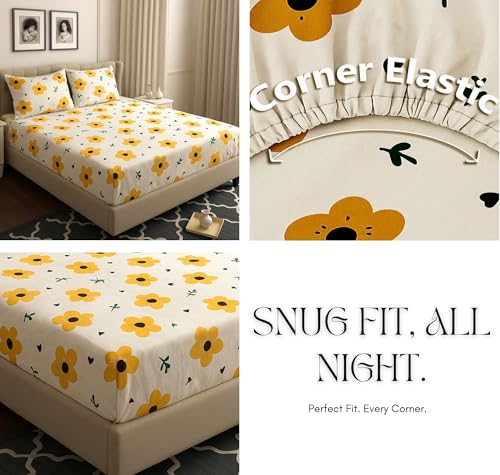 Image of HOMEKART 120 TC Cotton Rich Elastic Corner Fitted Bedsheet with 2 Pillow Covers | Double Bed 72x68+6 Inches | Wrinkle-Free, Super Soft & Breathable Floral Design | Yellow & White