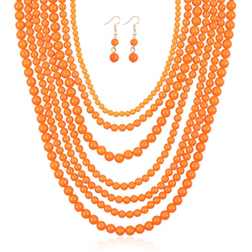 RIAH FASHION Multi Beaded Bubble Statement Necklace - Round Ball Chunky Drape Bib Collar Marbled, 7 Layer Long