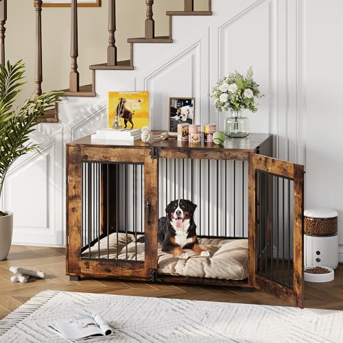 23.6" Dog Crate Furniture - Chew-Resistant Wooden Kennel with Locking Double Doors, Indoor Pet Cage End Table for Small Breeds - Image 4