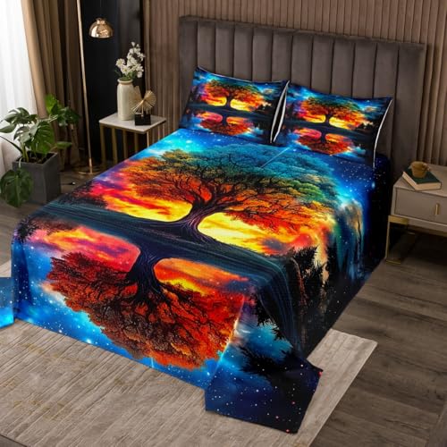 Tree Artwork Life Kids Bedspread Twin Size,Sun Moon Starry Sky Pines Lake Trippy Coverlet Set,Boys Girls Room Decor,Bohemia Natural Exotic Quilted Coverlet,Blue Retro Bedding Quilt,1 Pillowcase