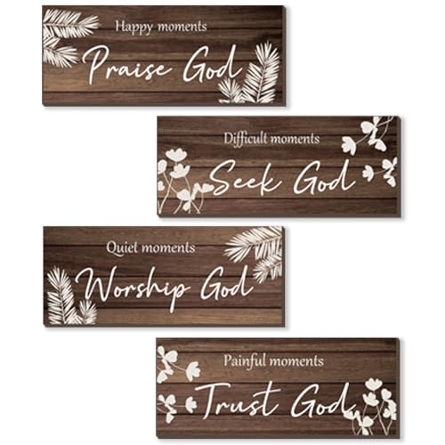 ONIZHITY 4 Pieces Brown Bathroom Decor Farmhouse Bathroom Accessories Rustic Religious Art Bible Verse Wooden Signs with Vintage Country Decor for Home Laundry Room (Brown, 10x4 Inch)