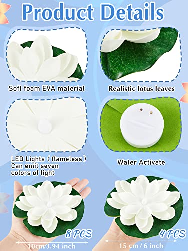 12 Pcs Floating Pool Lights Lotus Floating Lanterns Led Lifelike Floating Lamp Battery Operated Lily Pad Flower Candle Fun Pool Accessories For Pond Decor, Yellow Light (White, 3.94/5.91 Inch) #TOP1