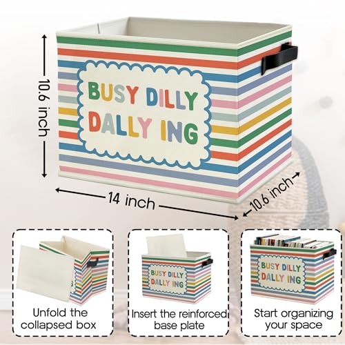 Image of Funny Kids Nursery Storage Bins Box with Handles, Colorful Striped Busy Dilly Dallying Boho Collapsible Basket Organizer for Toddler Kids Room Bedroom Playroom Bathroom Books Clothes