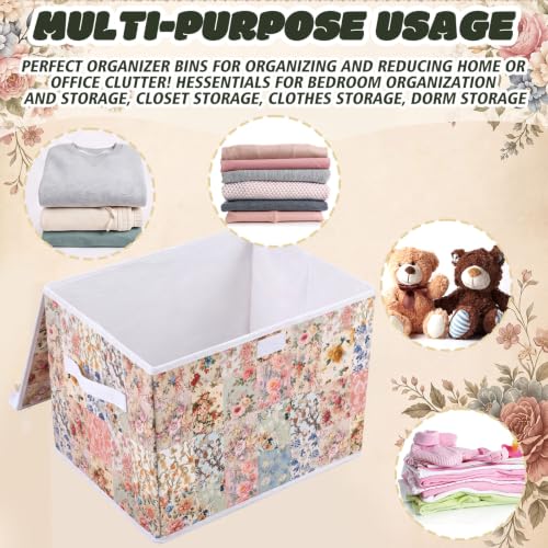Image of Briwooody Vintage Floral Storage Bin with Lid and Carrying Handle Retro Flower Foldable Storage Box Large Farmhouse Decorative Collapsible Container Basket for Organizing Closet Home Bedroom Gift