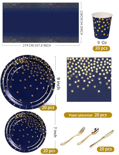 Nkaiso 141 Pieces Navy Blue Gold Party Supplies, Disposable Party Decorations Sets Include Paper Plates Napkins Cups, Plastic Forks Knives Spoons, for Baby Shower Birthday Wedding -20 Guests