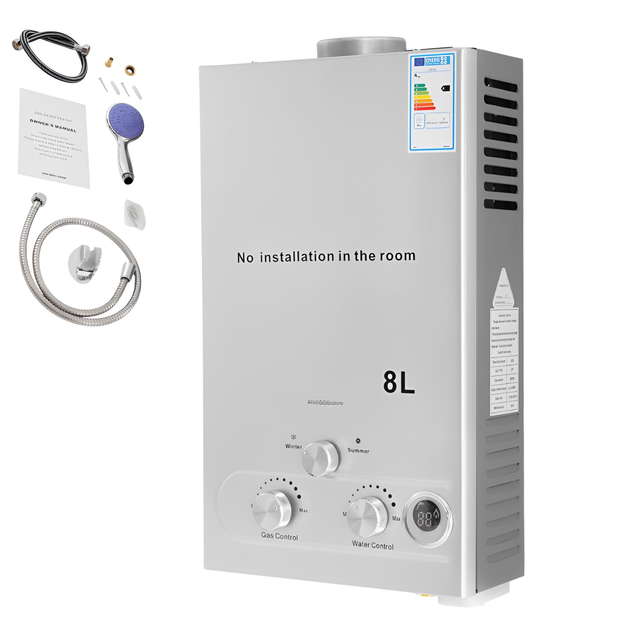Calentador de agua de gas de 8 L, calentador de agua LPG, calentador de agua instantáneo de 16 kW, tamaño de interfaz G1/2", control de temperatura de la CPU, calentador instantáneo sin depósito