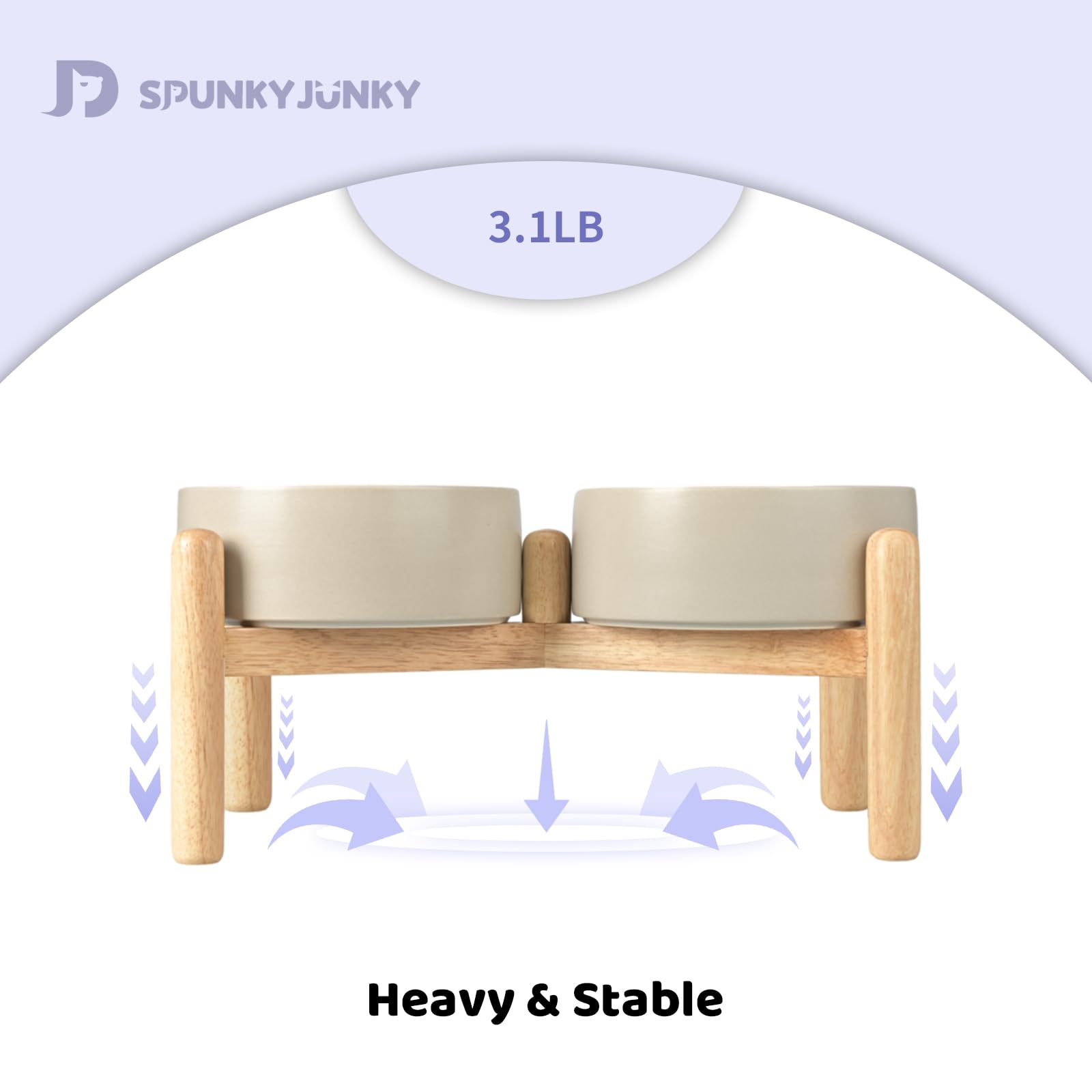 SPUNKYJUNKY Ceramics Raised Dog Bowls with Wooden Stand Elevated Dog Bowl for Small Medium Dog Food and Water Pet Feeding Bowl(Double 28.7OZ Bowls,Grey)