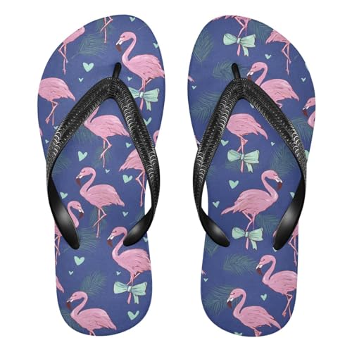 ALAZA Green Bow and Flamingo Flip Flops for Women Fashion Beach Slippers Comfort Mens Flip Flops Non-Slip Rubber Shower Slippers Sandal for Hotel Travel Sport,XS