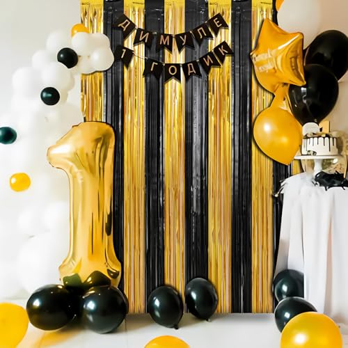 Image of Crosize 3 Pack 3.3 x 9.9 ft Black & Gold Foil Fringe Curtains Party Decorations, Black & Gold Tinsel Curtain Backdrop for Parties, Door Streamers, Glitter Streamer Backdrop for Birthday Decoration