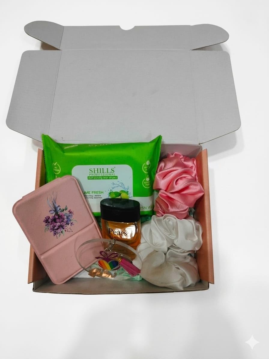 Arcoiris Premium Gift Hamper for Women | 2 Satin Scrunchies, Body Wash, Face Wipes, Mini Mirror & Keychain | Self Care Gift Box | Pack of 6-image-1