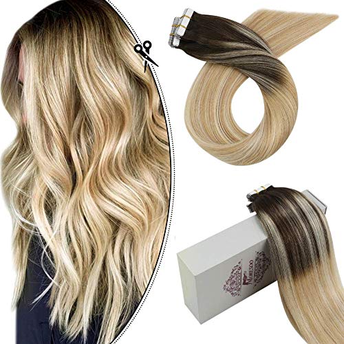 Moresoo 20inch Tape in Hair Extensions Real Human Hair Color #2 Brown Fading to Blonde #27 Mixed #613 Skin Weft Remy Tape in Hair 20pcs 50g Per Pack