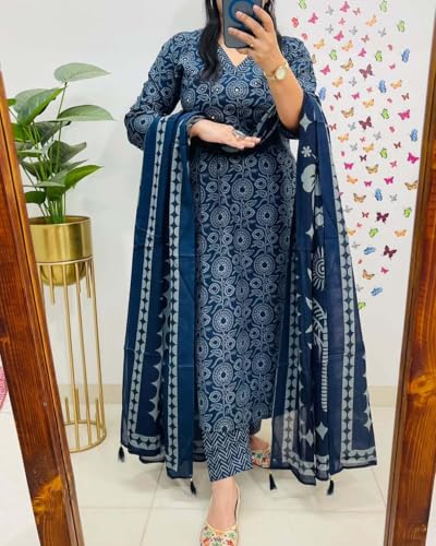 Image of Rangnavi Women's Pure Cotton Printed Straight Kurta with Pants and Dupatta Set | Ethnic Set | Suit Set | Kurta Set